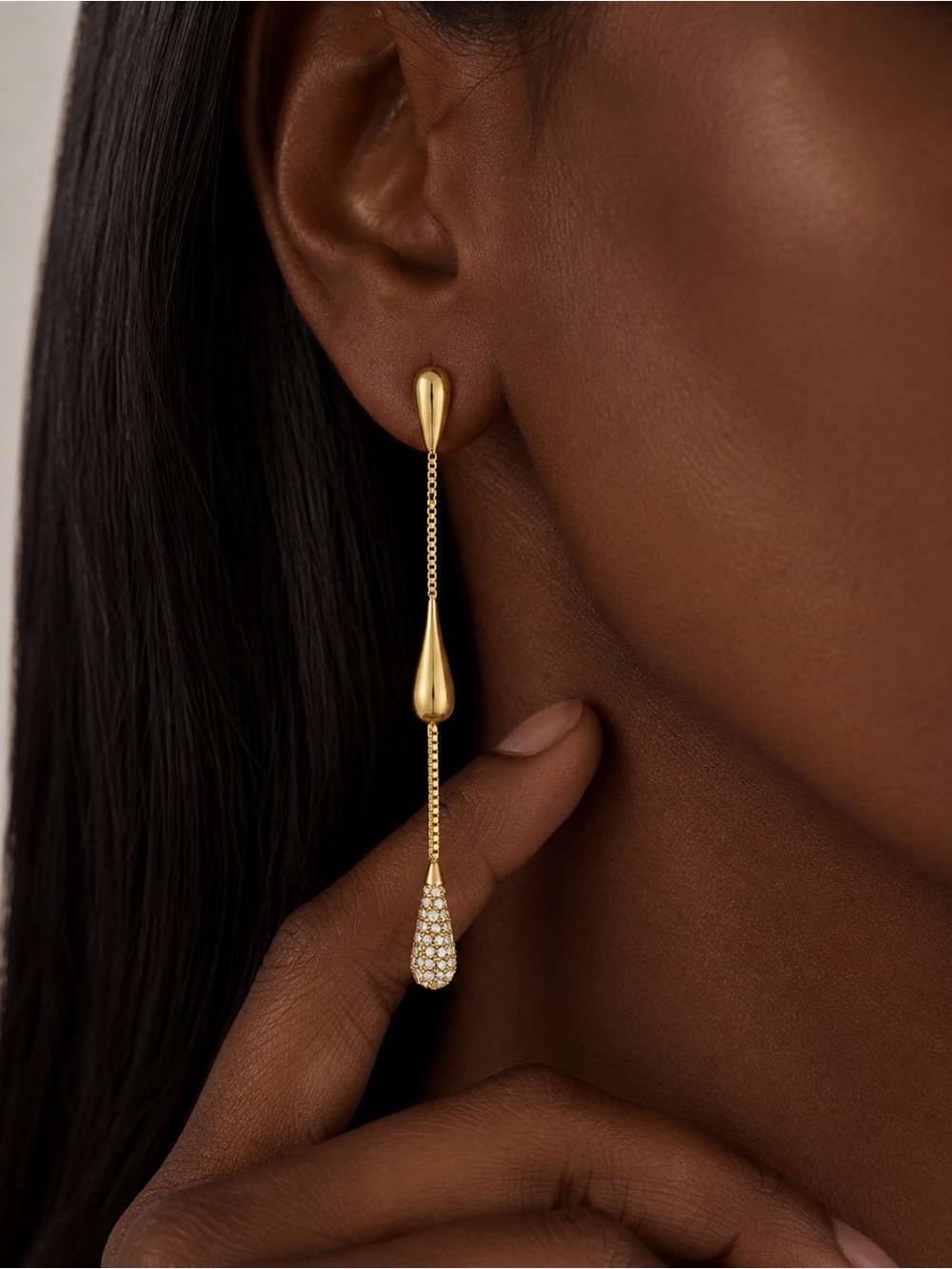 Gold Teardrop Chain Earrings with crystal accent - Women Jewelry